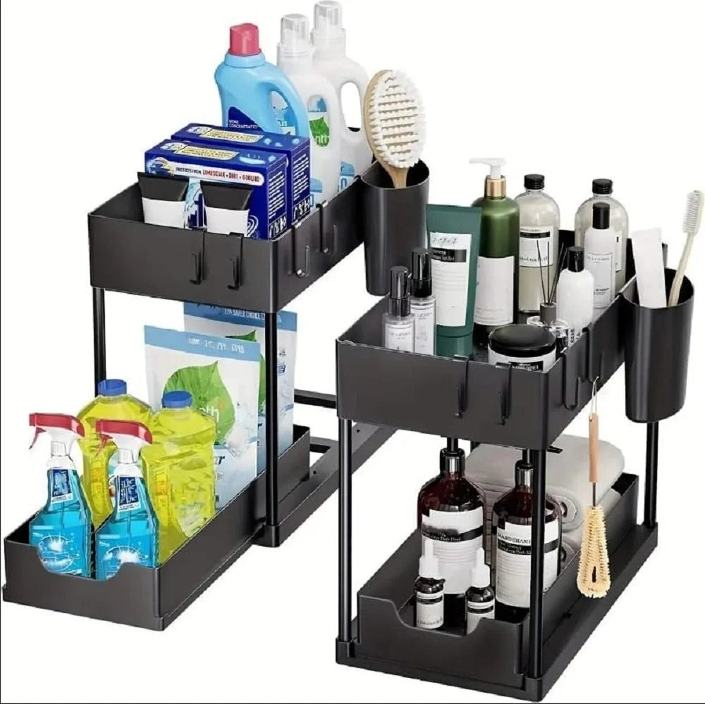 Bathroom Cabinet Organizer With Double Sliding Basket, Pull-Out Drawer Design Sink Organizer ( 2 Pcs )